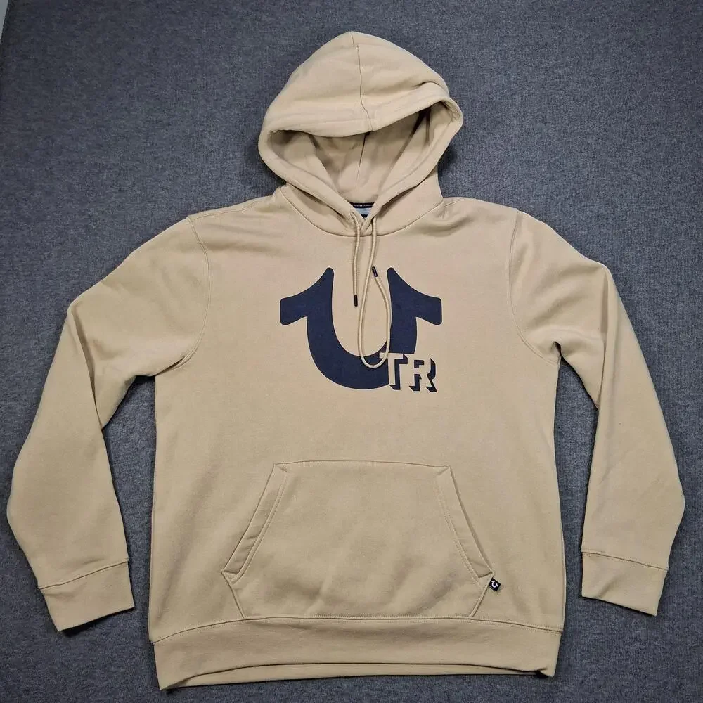 True Religion Hoodie Mens XL Beige Pullover Fleece Horseshoe Logo Sweatshirt